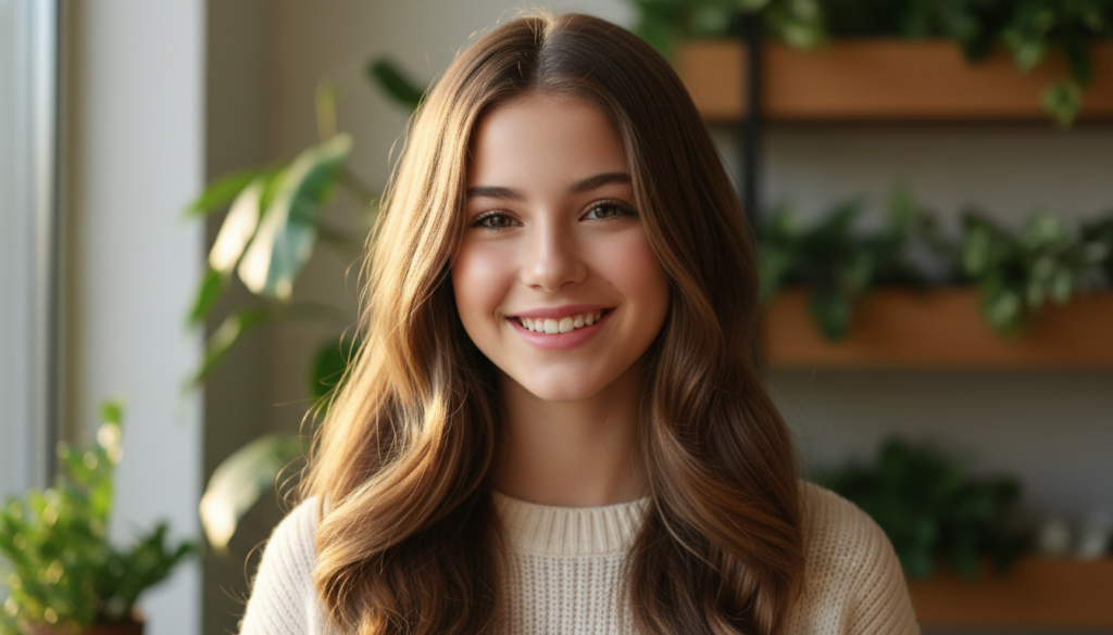 Teen with healthy shiny hair showing proper hair care results