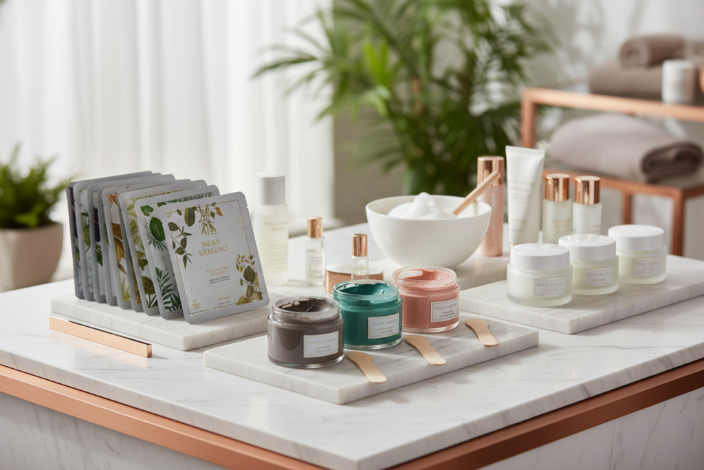 Various face masks and weekly treatment products displayed