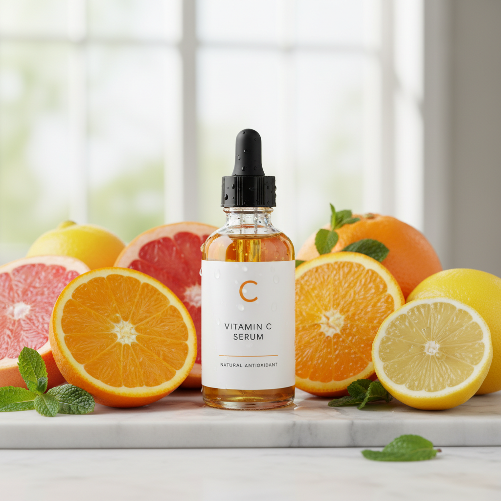 Vitamin C serum bottle with fresh citrus fruits