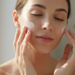 Woman applying moisturizer for dry skin on her face in natural morning light