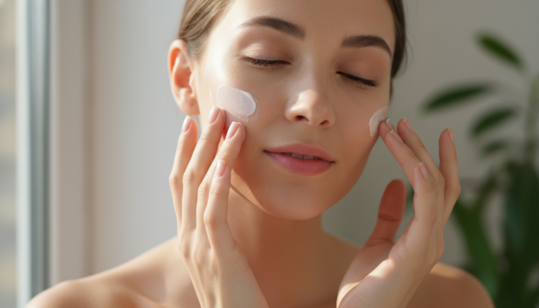 Woman applying moisturizer for dry skin on her face in natural morning light
