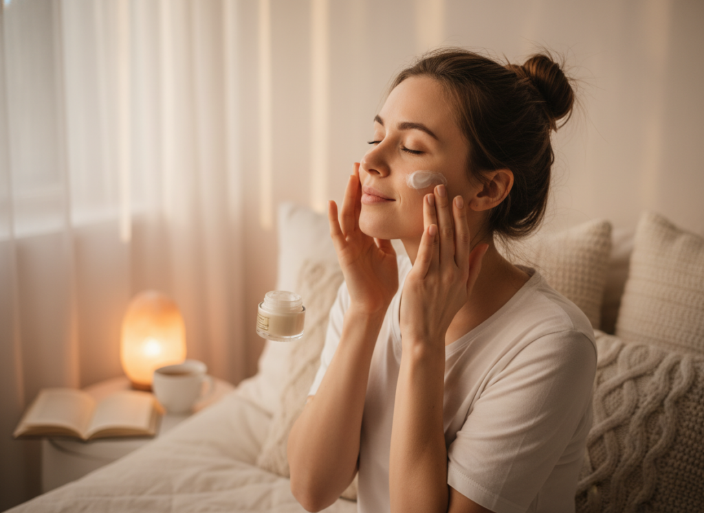 Woman applying night cream before sleep with peaceful expression