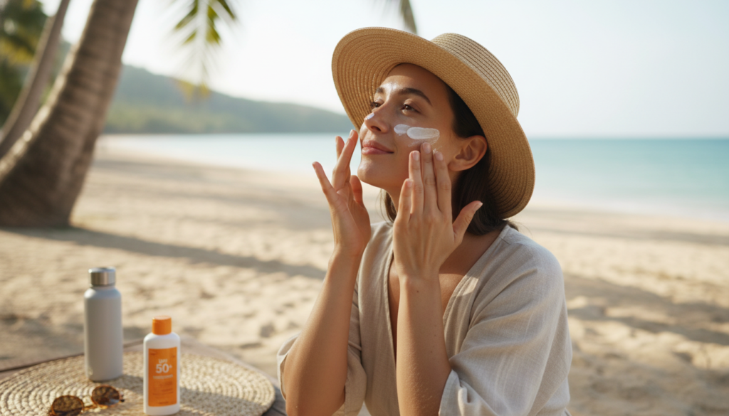 Woman applying sunscreen outdoors with natural sun protection