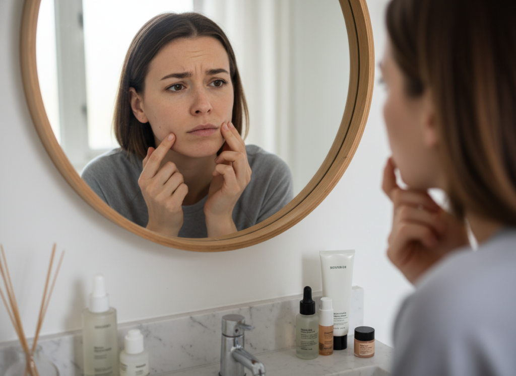 Woman looking concerned at skin issues in mirror
