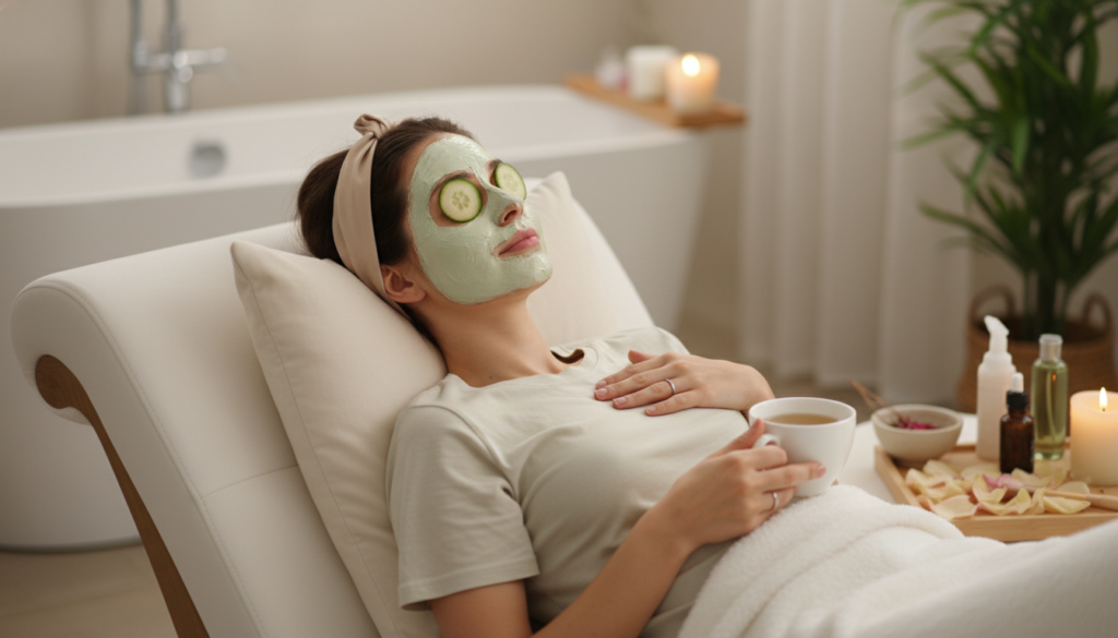 Woman relaxing with a face mask during weekly skincare treatment