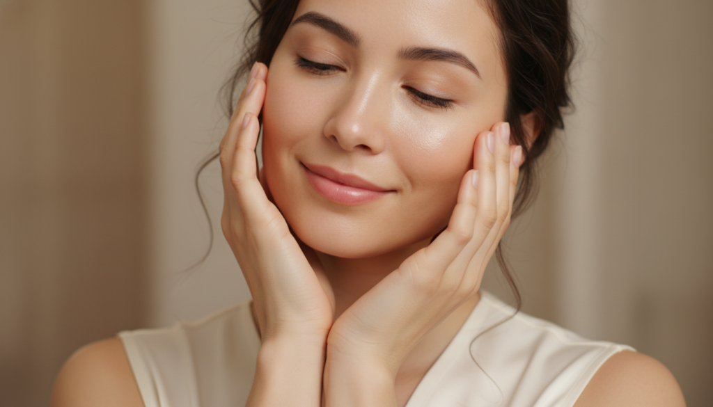 Woman touching her clear glowing skin with satisfaction and joy
