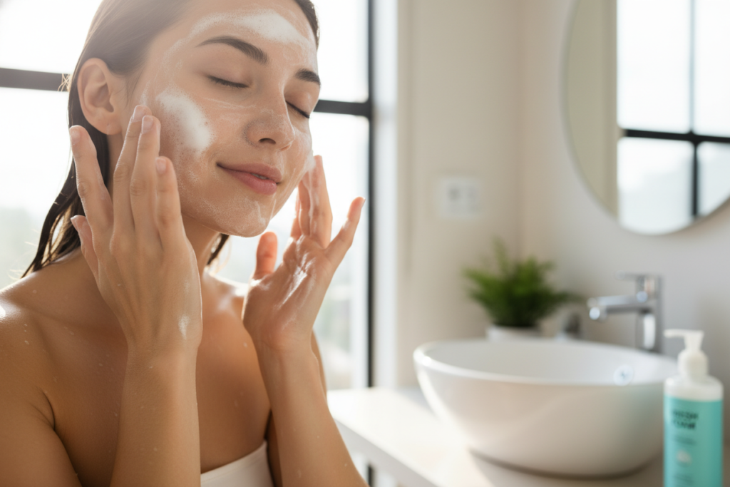 Woman using gentle cleanser demonstrating how to get clear skin fast with proper face washing technique