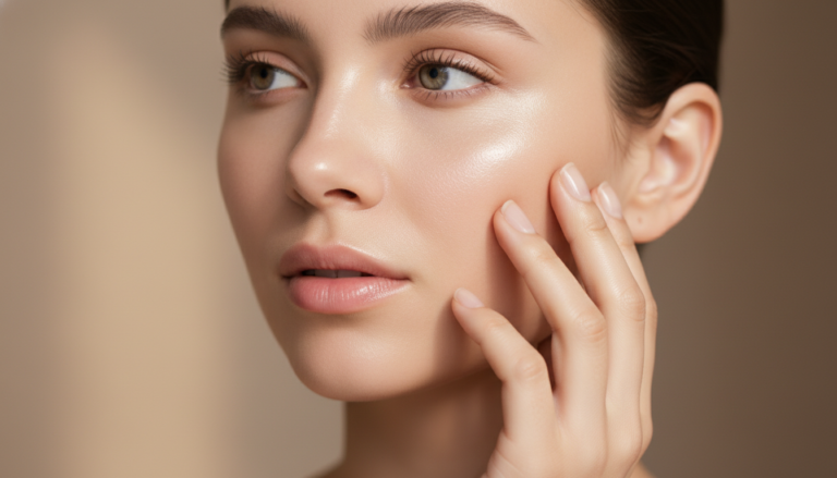 Woman with clear glowing skin touching her face against a soft natural background
