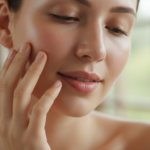 Woman with clear glowing skin touching her face gently
