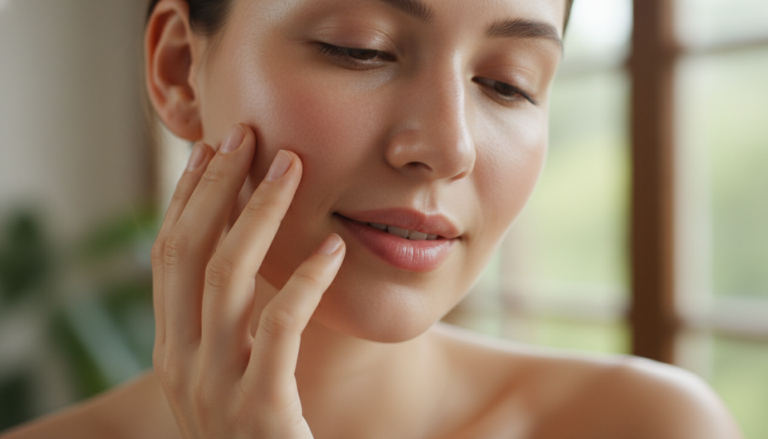 Woman with clear glowing skin touching her face gently