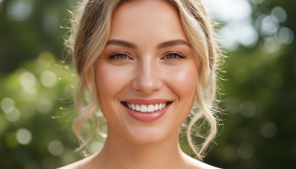 Woman with confident smile showing her clear glowing skin