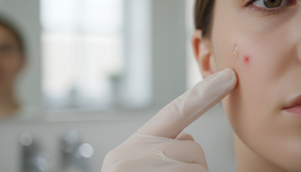 applying spot treatment to acne blemish on face