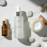 basic skin care routine essentials laid out on clean white surface