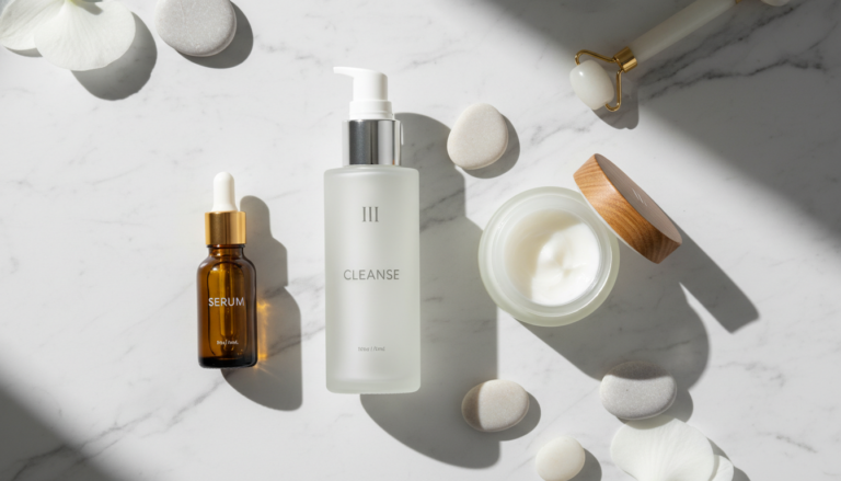 basic skin care routine essentials laid out on clean white surface