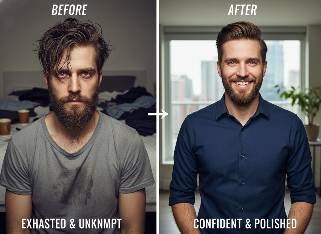 before and after comparison showing male glow up transformation journey