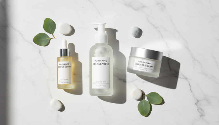 beginner skin care routine products laid out on clean white surface