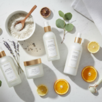 body skin care routine essentials on bathroom counter