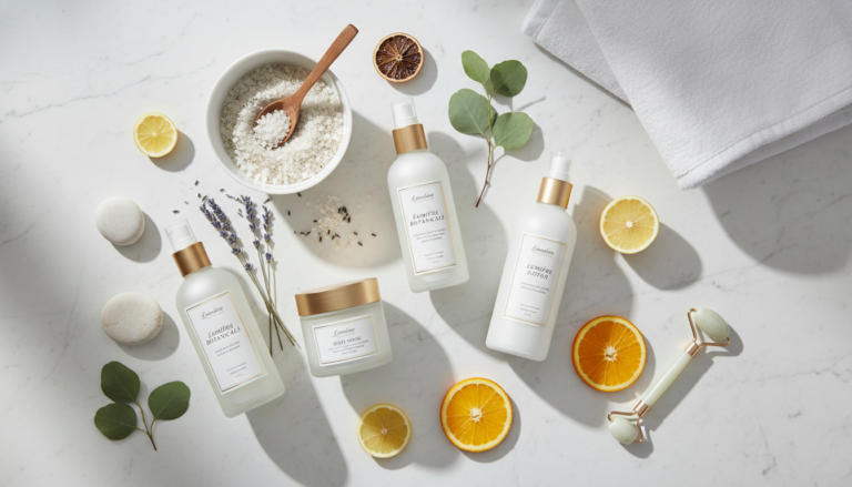 body skin care routine essentials on bathroom counter