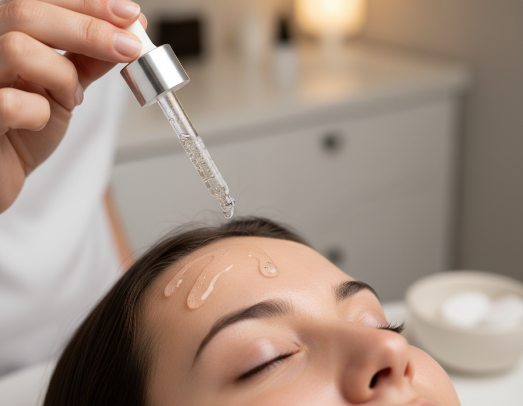 chemical exfoliant serum being applied to face with dropper