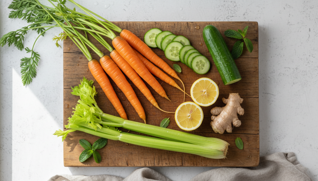 clear skin juice ingredients on wooden cutting board