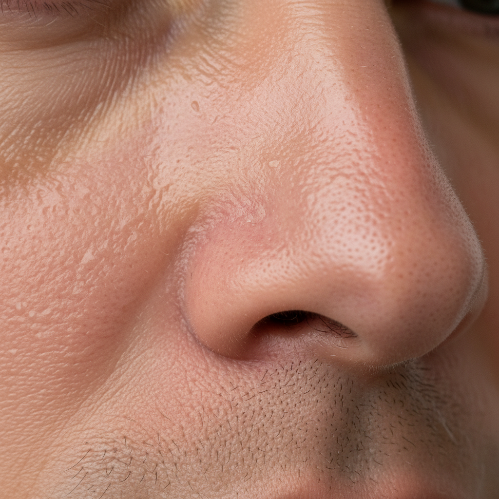close-up of men skin with visible oil and enlarged pores