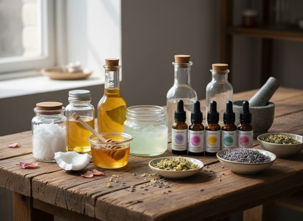 collection of natural skincare ingredients including oils and honey