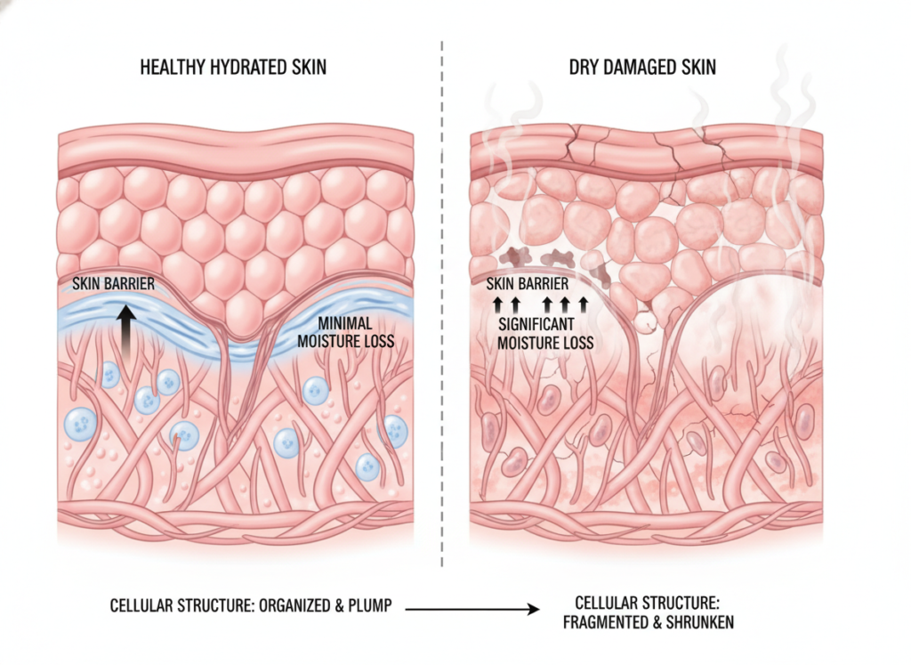 comparison showing healthy skin barrier versus damaged dry skin barrier illustration