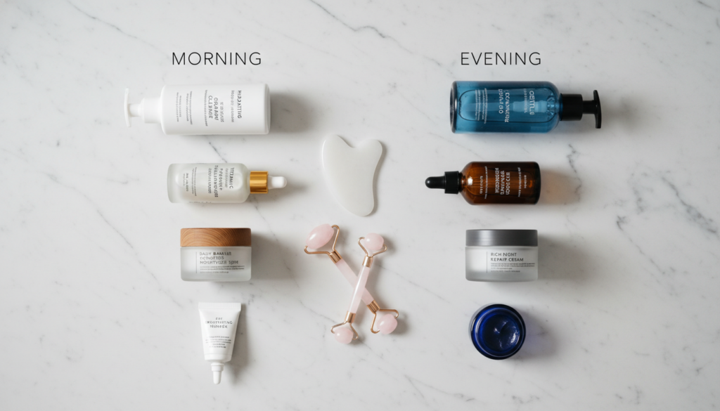 complete dry skin care routine products arranged by category