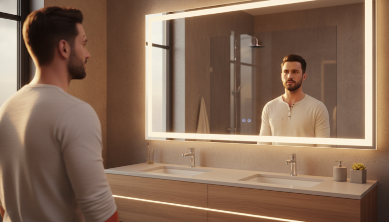 confident man looking at reflection showing glow up transformation results