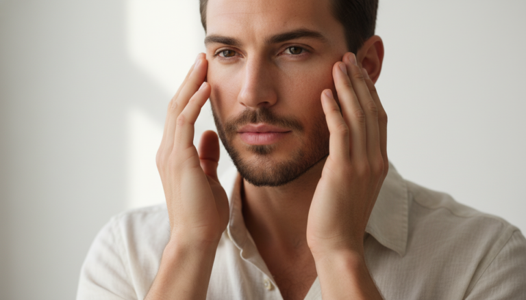 confident man with clear skin men touching face showing healthy complexion