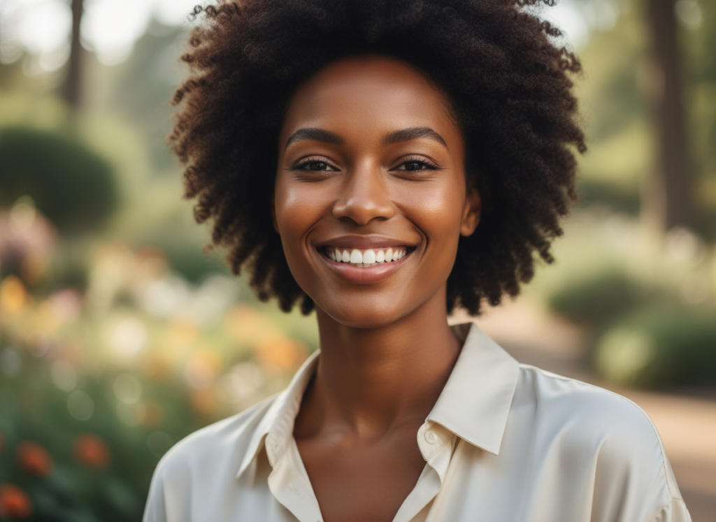 confident woman with clear brown skin glowing radiant