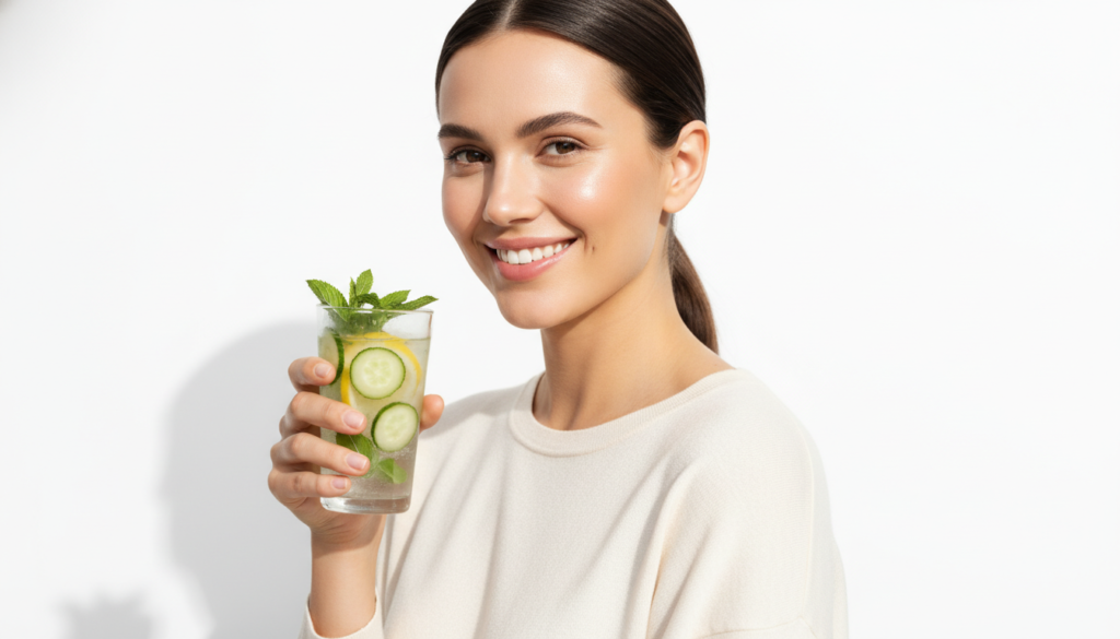 confident woman with clear glowing skin holding detox water