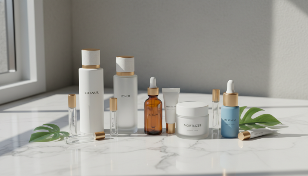 curated collection of essential skincare products arranged aesthetically