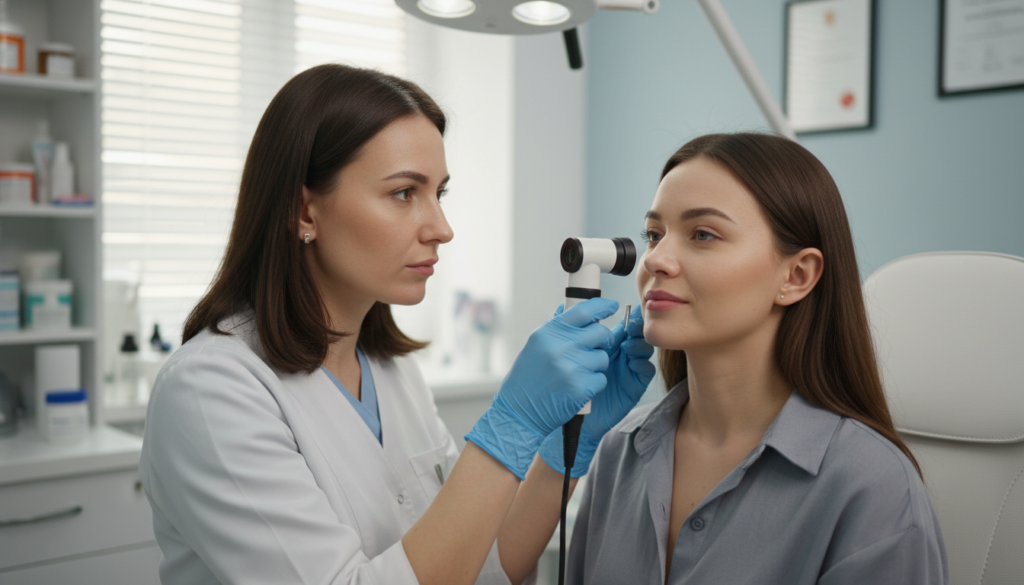 dermatologist examining patient dry skin condition in medical office