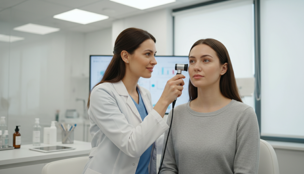 dermatologist examining patient skin