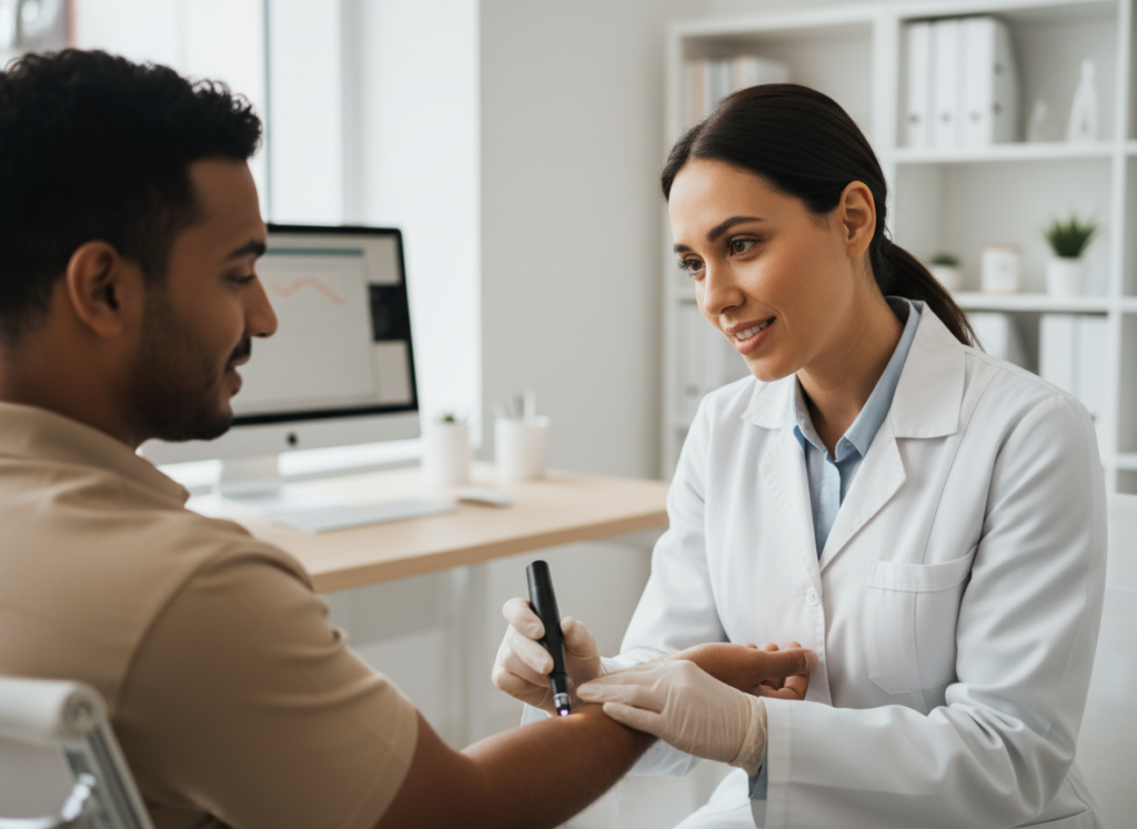 dermatologist examining patient with brown skin