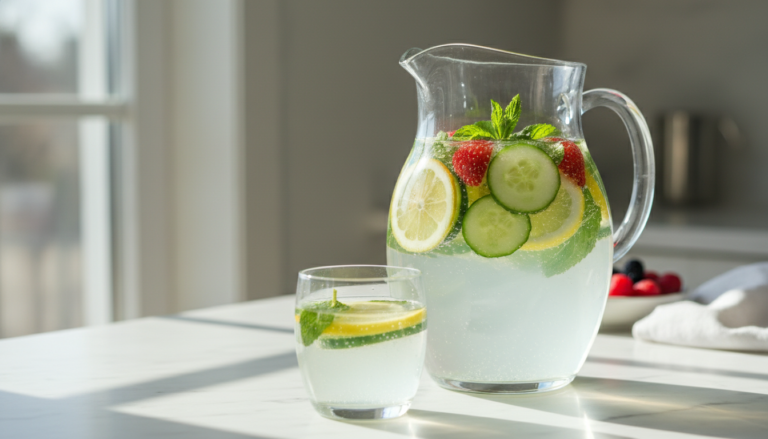 detox water for clear skin in clear glass pitcher with fresh fruits