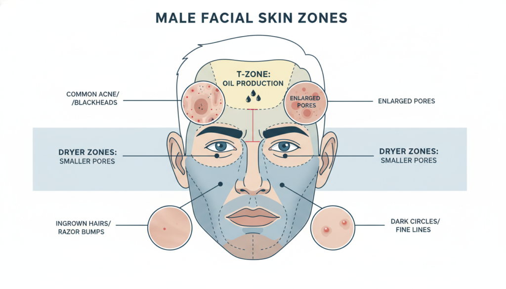diagram showing clear skin men face zones and skin characteristics