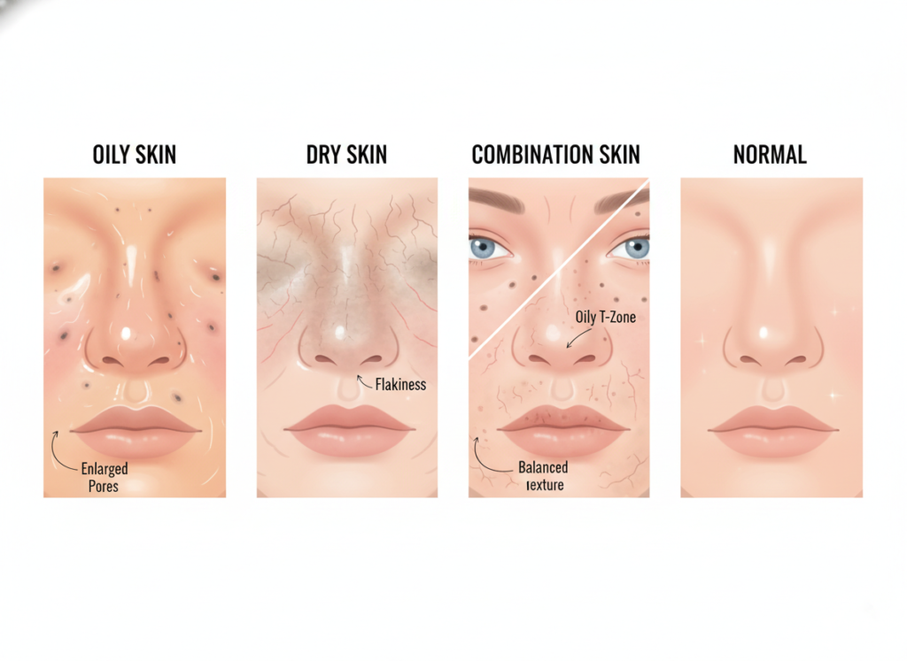 different skin types comparison showing oily, dry, combination skin characteristics