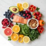 foods for clear skin arranged on a table