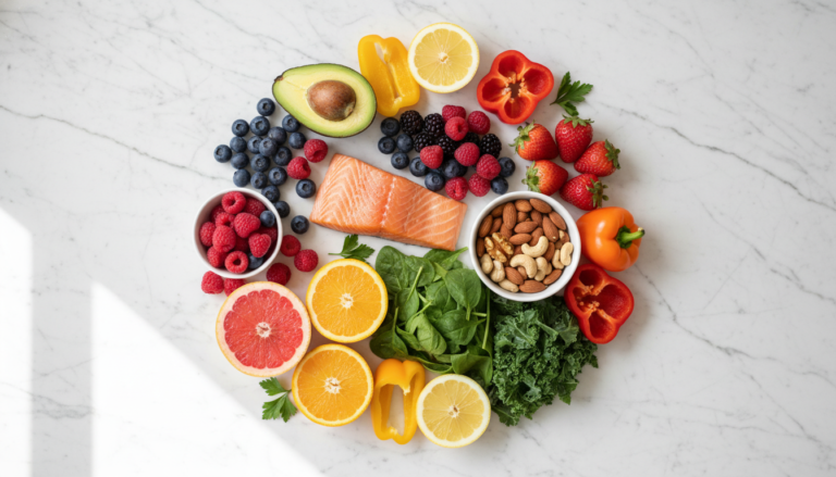 foods for clear skin arranged on a table