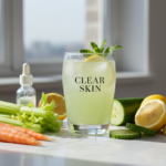 fresh clear skin juice with colorful fruits and vegetables