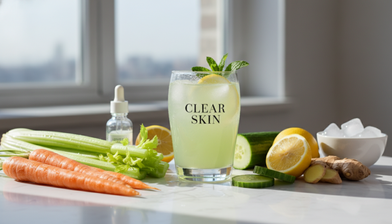 fresh clear skin juice with colorful fruits and vegetables