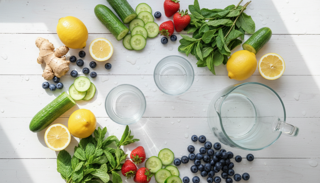 fresh detox water ingredients including lemon cucumber mint berries