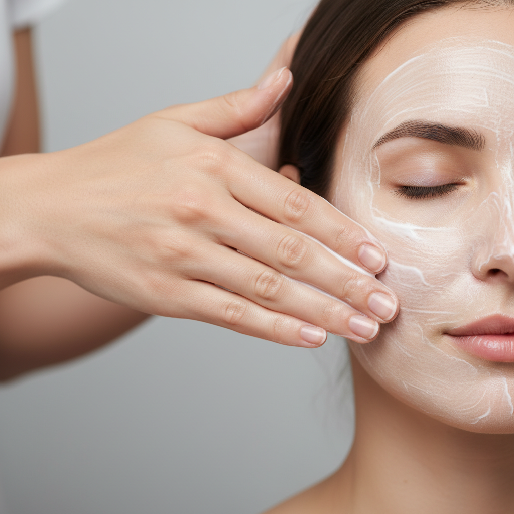 gentle cream cleanser being applied to dry skin face