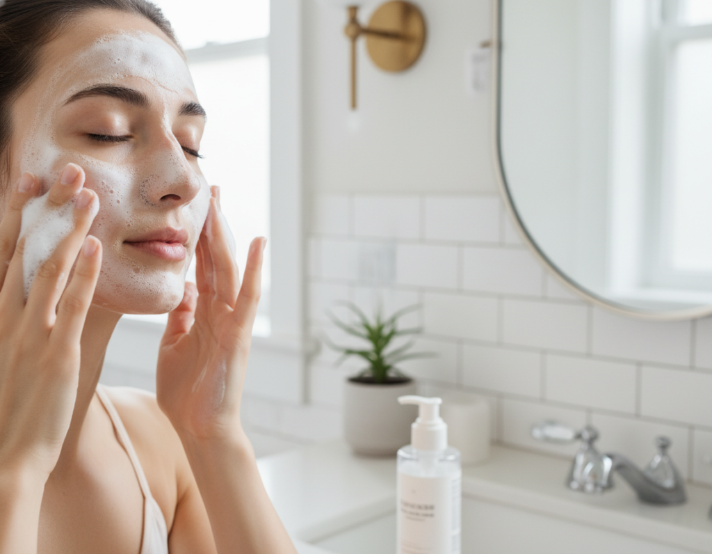 gentle facial cleanser being applied to face with foam texture