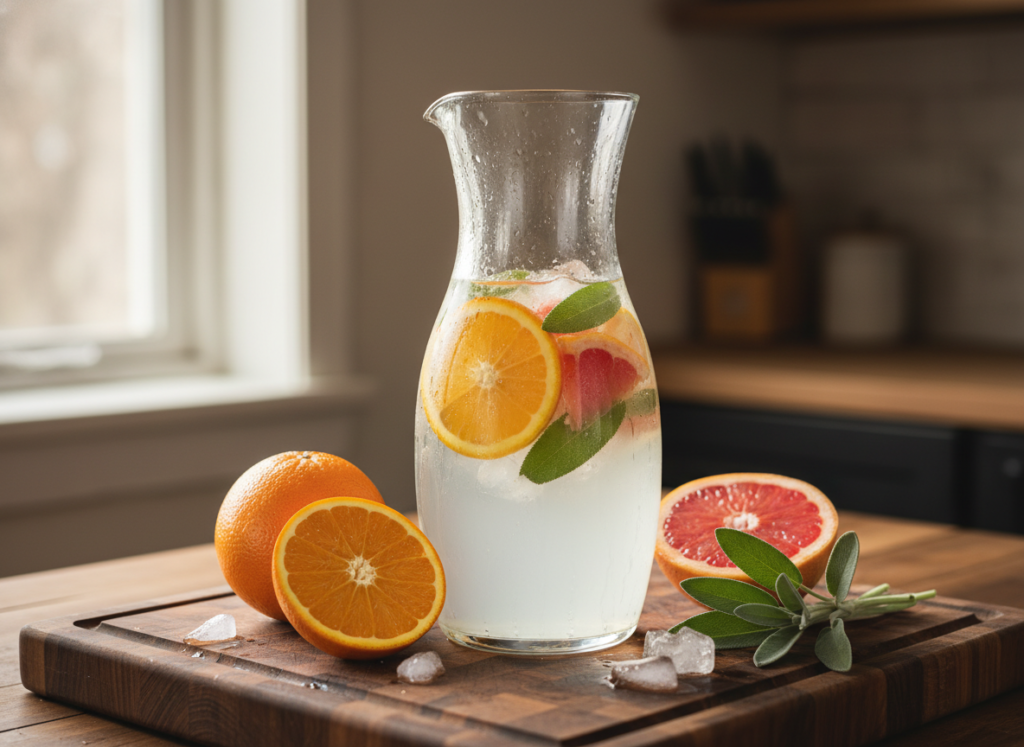 glass pitcher with orange grapefruit sage detox water