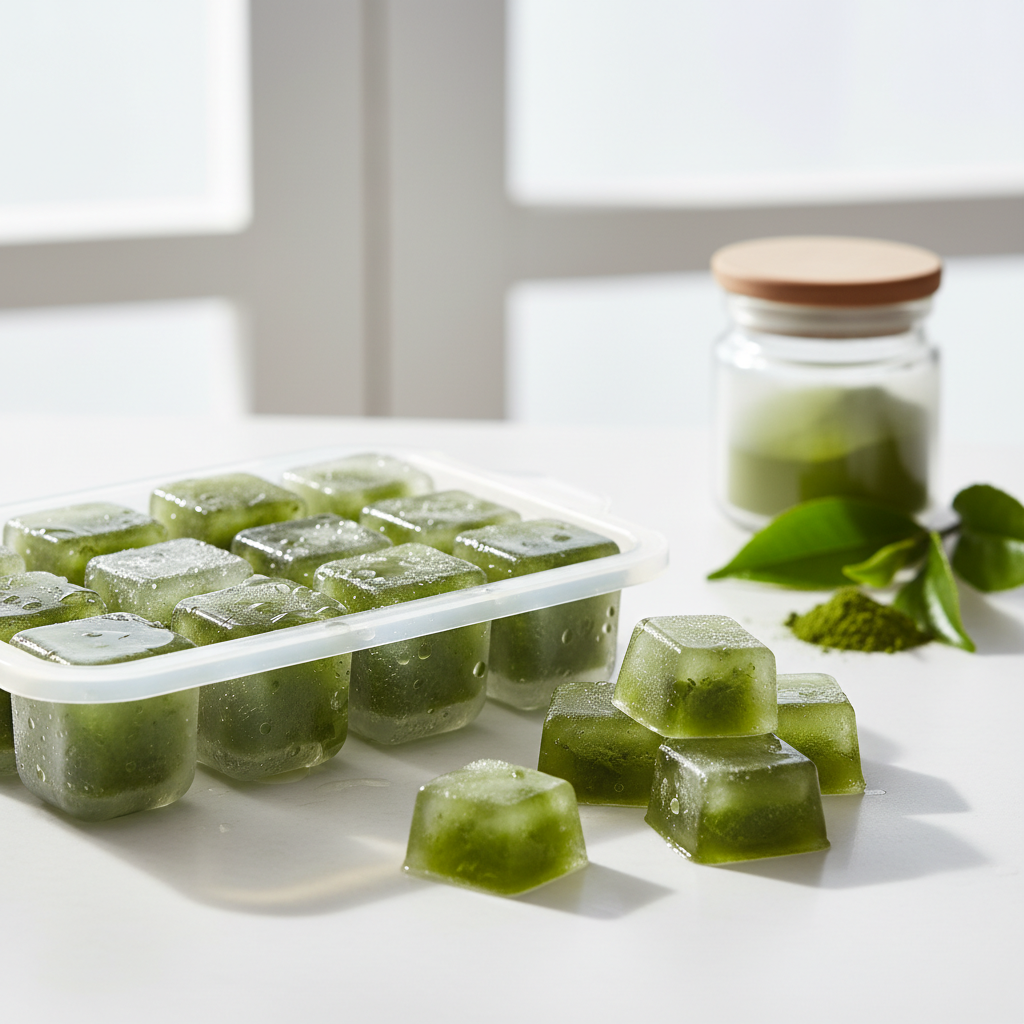 green tea ice cubes in tray