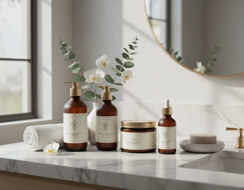 hair care products and tools arranged neatly hair care products and tools arranged neatly
