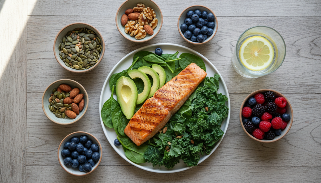 healthy foods and water for clear skin and hydration